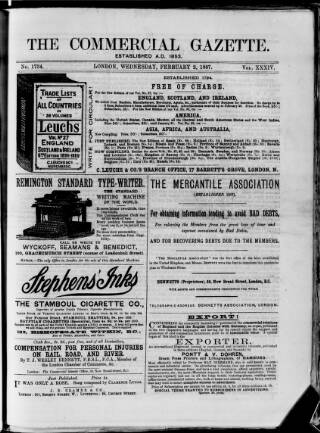 cover page of Commercial Gazette (London) published on February 2, 1887