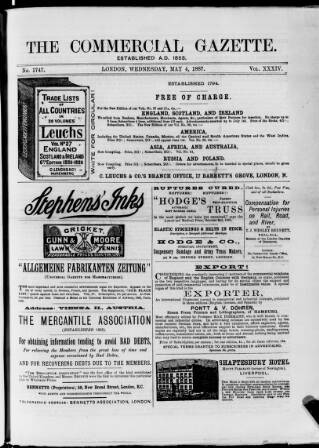 cover page of Commercial Gazette (London) published on May 4, 1887