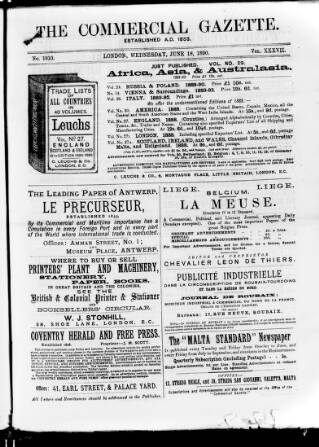 cover page of Commercial Gazette (London) published on June 18, 1890
