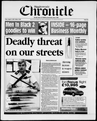 cover page of Biggleswade Chronicle published on August 2, 2002