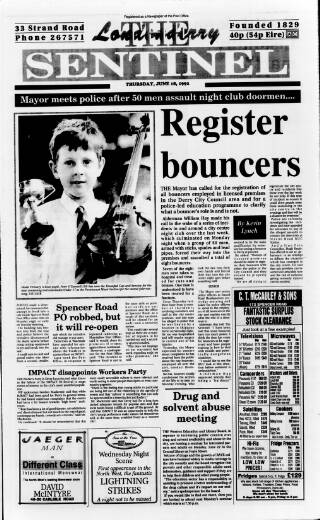 cover page of Londonderry Sentinel published on June 18, 1992