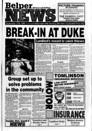 cover page of Belper News published on September 17, 1992