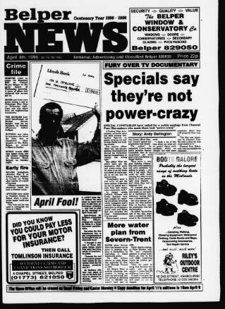 cover page of Belper News published on April 4, 1996