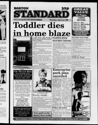 cover page of Lincolnshire Standard and Boston Guardian published on June 18, 1992