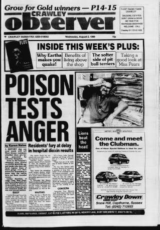 cover page of Crawley and District Observer published on August 2, 1989