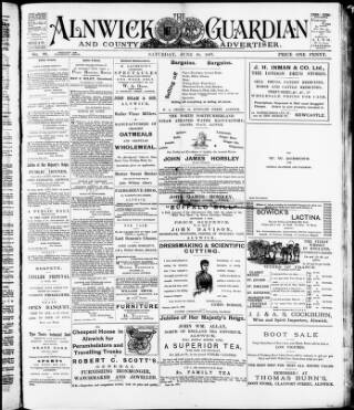 cover page of Alnwick Guardian and County Advertiser published on June 18, 1887