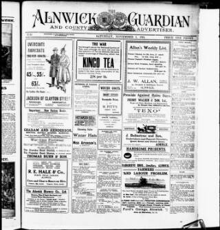 cover page of Alnwick Guardian and County Advertiser published on November 2, 1918