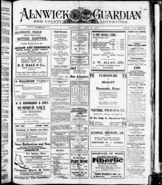 cover page of Alnwick Guardian and County Advertiser published on August 2, 1919