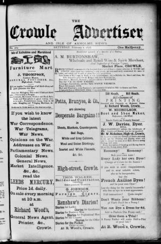 cover page of Crowle Advertiser and Isle of Axholme News published on February 2, 1878
