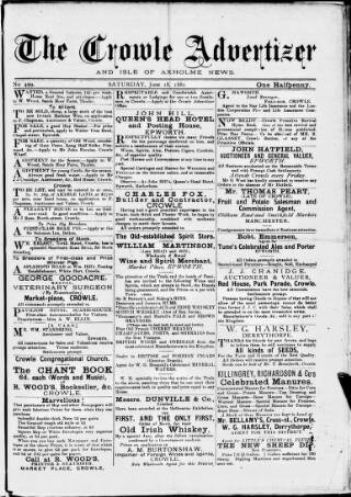 cover page of Crowle Advertiser and Isle of Axholme News published on June 18, 1881