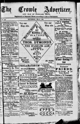cover page of Crowle Advertiser and Isle of Axholme News published on November 2, 1889