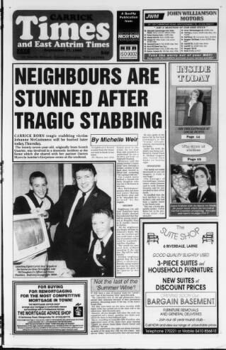 cover page of Carrick Times and East Antrim Times published on September 17, 1998