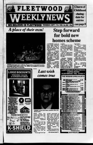 cover page of Fleetwood Weekly News published on September 17, 1992