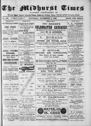 cover page of Midhurst and Petworth Observer published on November 2, 1889