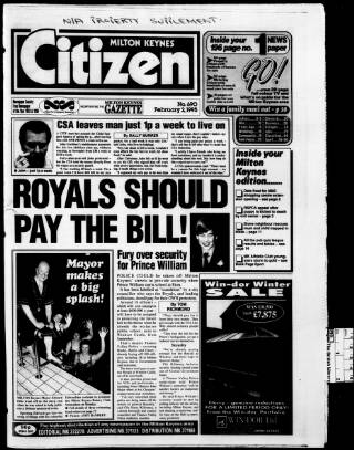 cover page of Milton Keynes Citizen published on February 2, 1995