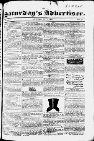 cover page of Liverpool Saturday's Advertiser published on May 2, 1829