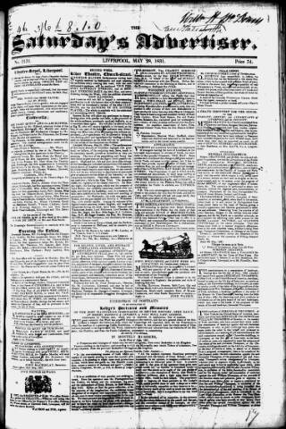 cover page of Liverpool Saturday's Advertiser published on May 28, 1831