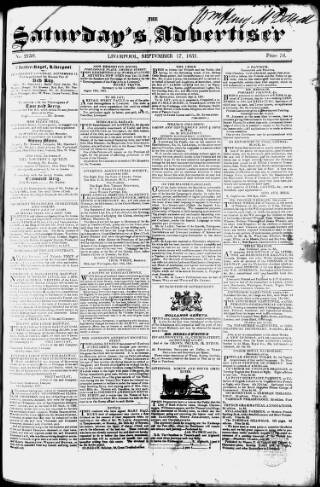 cover page of Liverpool Saturday's Advertiser published on September 17, 1831