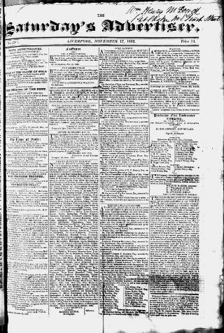 cover page of Liverpool Saturday's Advertiser published on November 17, 1832