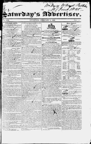 cover page of Liverpool Saturday's Advertiser published on February 2, 1833