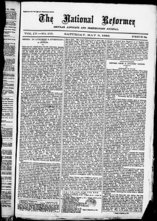 cover page of National Reformer published on May 2, 1863