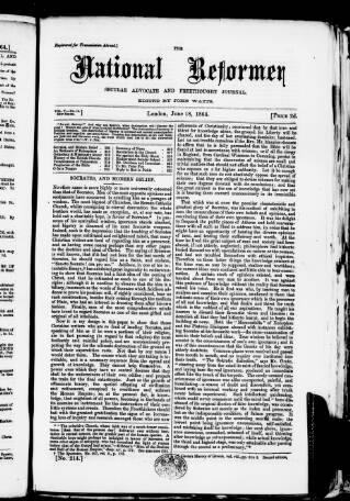 cover page of National Reformer published on June 18, 1864