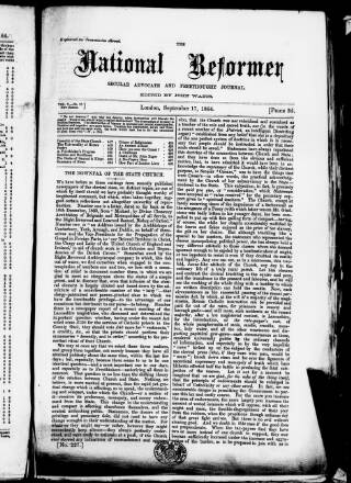 cover page of National Reformer published on September 17, 1864