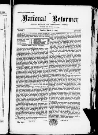 cover page of National Reformer published on March 19, 1865