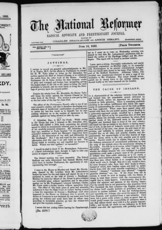 cover page of National Reformer published on June 18, 1882