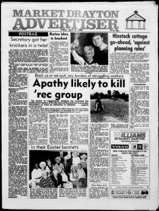 cover page of Newport & Market Drayton Advertiser published on April 4, 1986