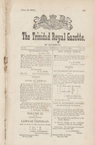 cover page of Trinidad Royal Gazette published on June 18, 1884