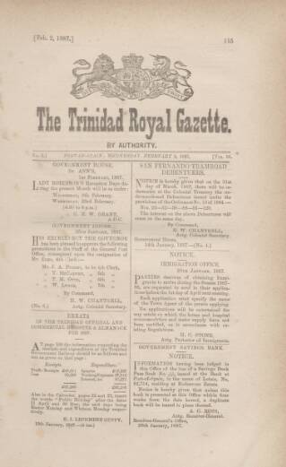 cover page of Trinidad Royal Gazette published on February 2, 1887