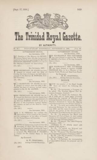 cover page of Trinidad Royal Gazette published on September 17, 1890