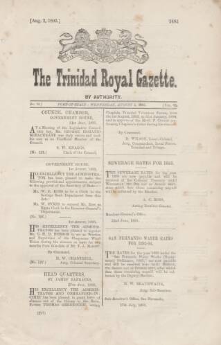 cover page of Trinidad Royal Gazette published on August 2, 1893