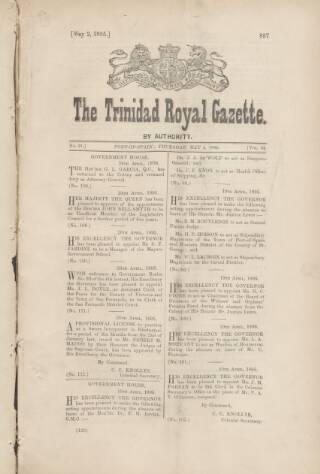 cover page of Trinidad Royal Gazette published on May 2, 1895