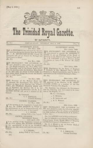 cover page of Trinidad Royal Gazette published on May 4, 1899
