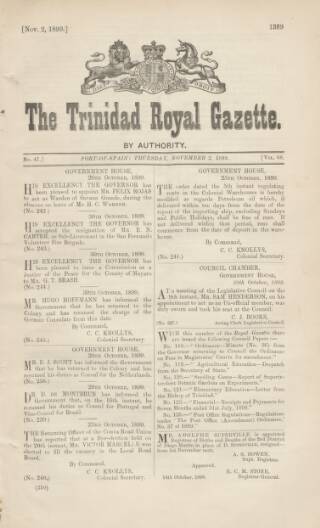 cover page of Trinidad Royal Gazette published on November 2, 1899