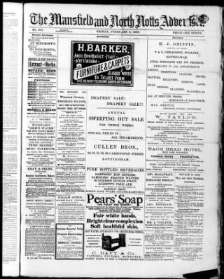 cover page of Mansfield and North Notts Advertiser published on February 8, 1889