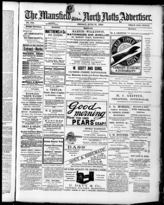 cover page of Mansfield and North Notts Advertiser published on June 21, 1889