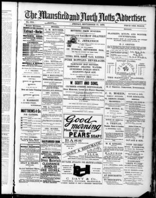 cover page of Mansfield and North Notts Advertiser published on September 27, 1889