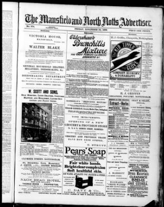 cover page of Mansfield and North Notts Advertiser published on November 22, 1889