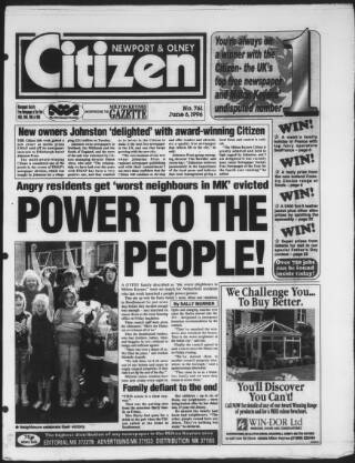 cover page of Newport Pagnell Citizen published on June 6, 1996