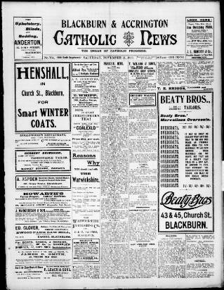 cover page of Blackburn Catholic News published on November 21, 1908