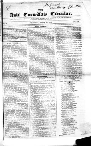 cover page of Anti Corn-Law Circular published on March 19, 1840