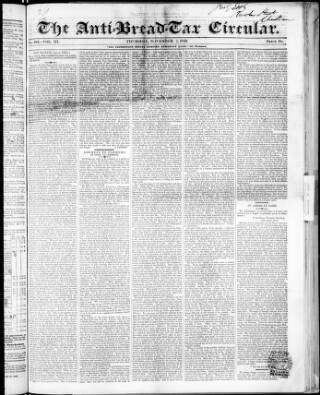 cover page of Anti Corn-Law Circular published on November 3, 1842