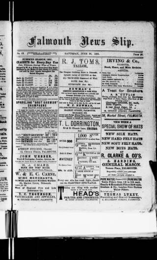 cover page of Falmouth News Slip published on June 18, 1881