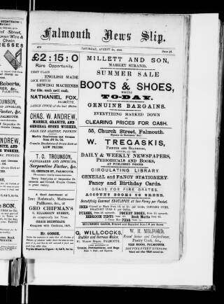cover page of Falmouth News Slip published on August 24, 1889
