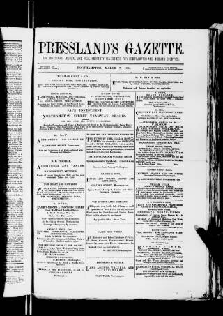cover page of Pressland's Gazette published on March 7, 1882
