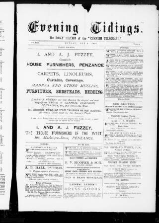 cover page of Cornish Evening Tidings published on May 4, 1891