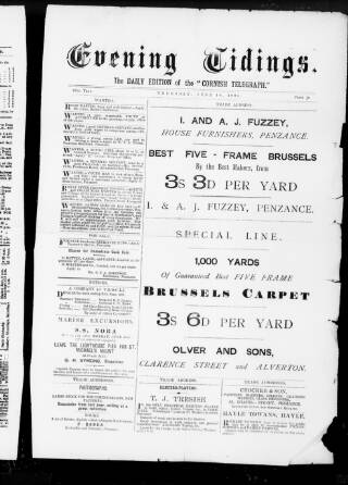 cover page of Cornish Evening Tidings published on June 18, 1891